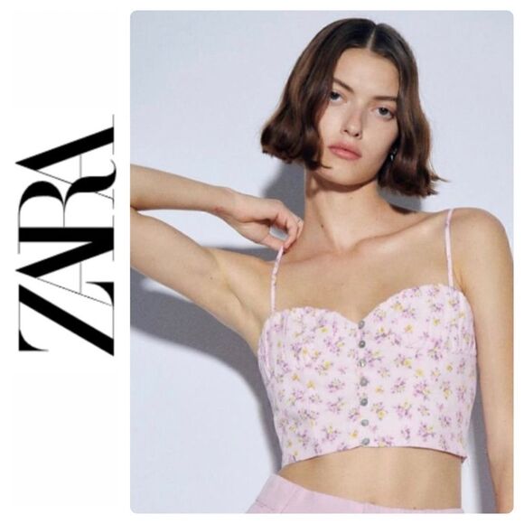 NWOT Zara Linen Blend Floral Printed Crop Top in Mauve, Size Small - Picture 1 of 16